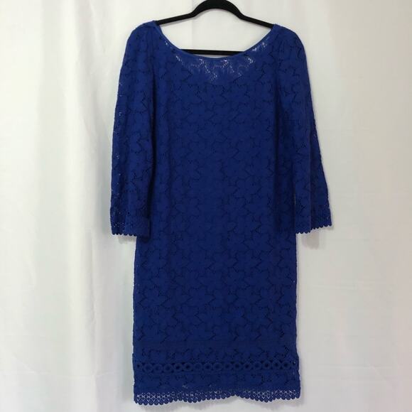 Laundry by Shelli Segal Blue Lace Shift Dress Womens 8 3\4 Sleeve Mini Cocktail - Picture 1 of 8
